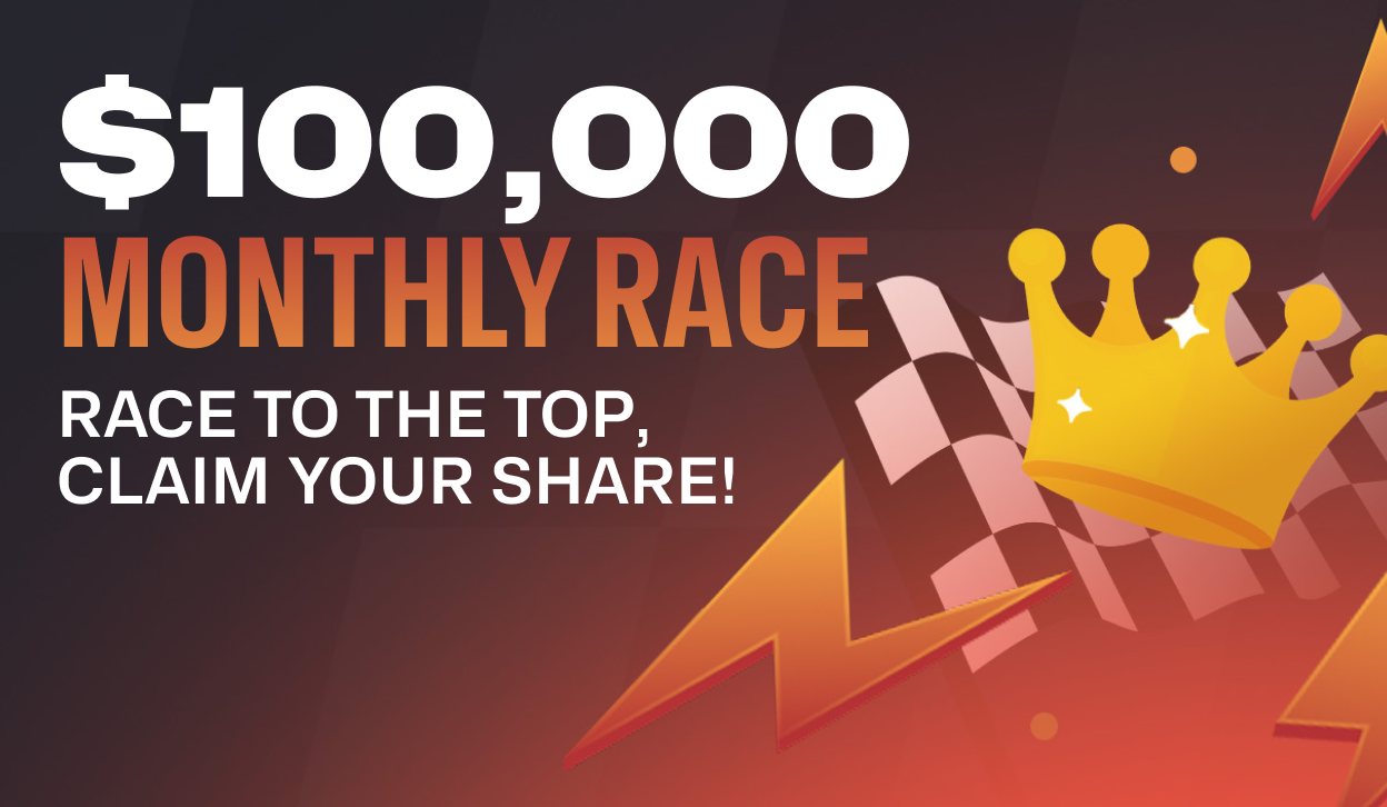 A promotional image for the $100,000 Monthly Race on Razed Casino. On the image the main headline is "$100,000 Monthly Race", with the subheader "Race to the top, claim your share!". On the right of the text there's an illustrated yellow crown on top of a race flag and a lightning. The image has a black and red hue.